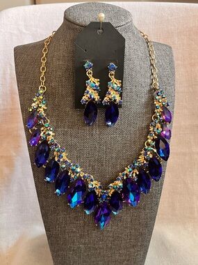 The Empress Is In Gold-Tone Royal Blue Teardrop Crystal Necklace & Earring Set